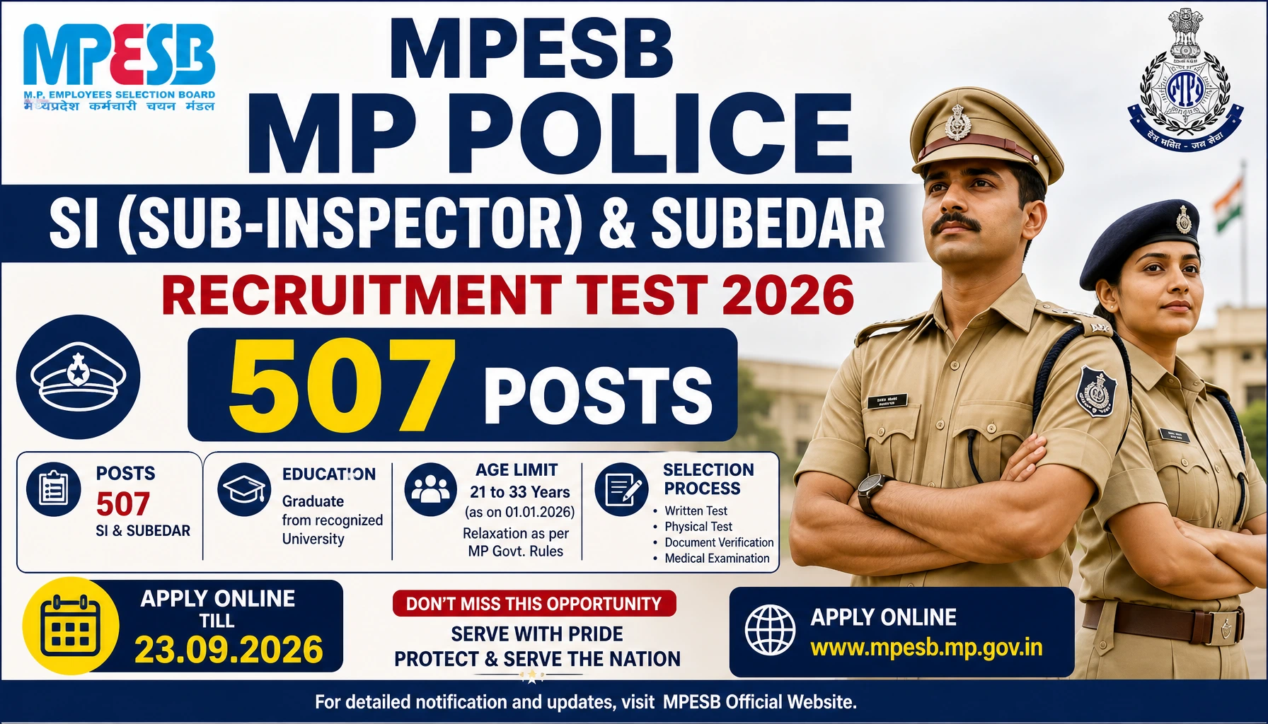 MPESB MP Police SI (Sub-Inspector) & Subedar Recruitment Test 2026 – 507 Posts, Apply Online till 23.09.2026
