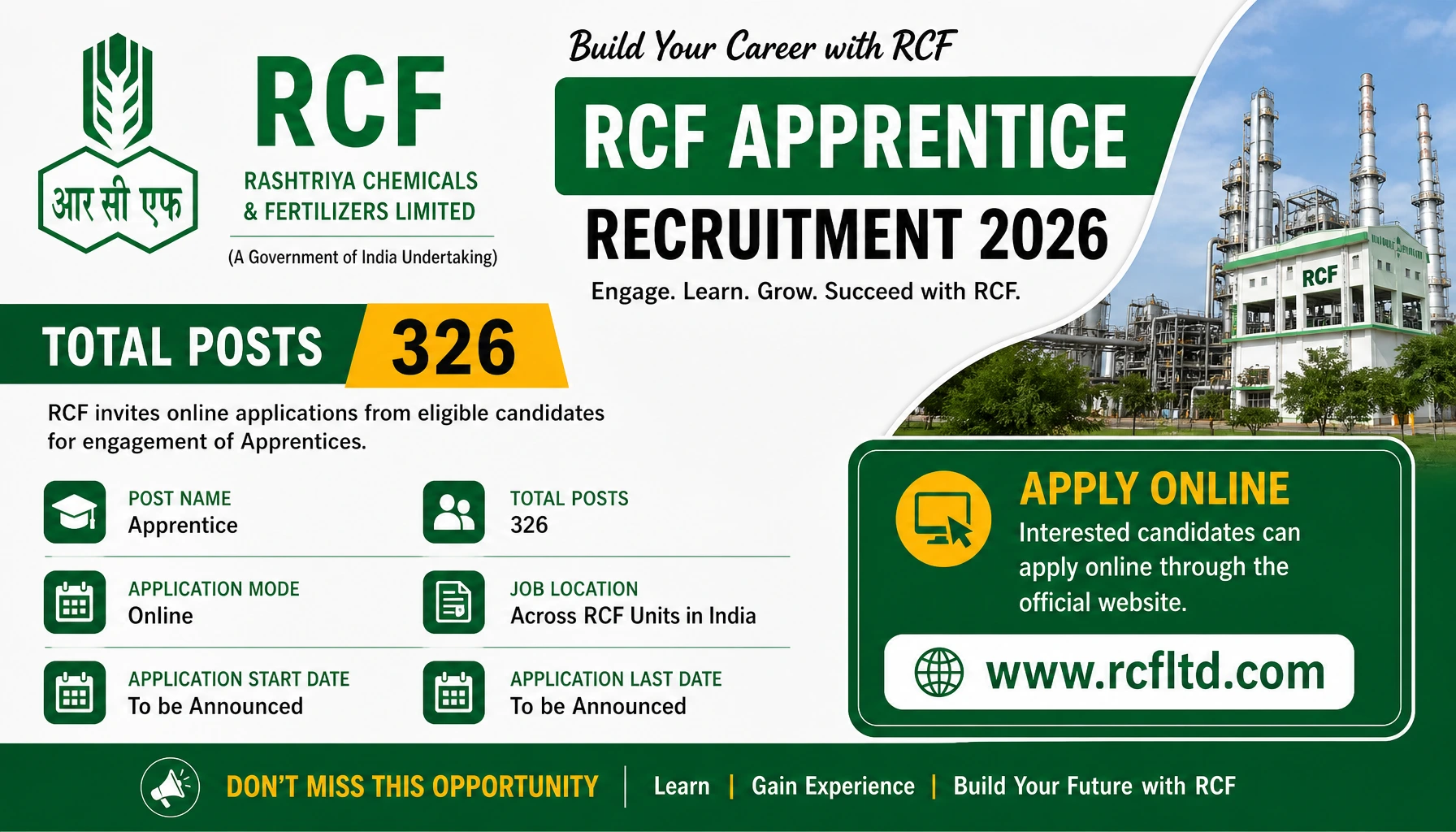 RCF Apprentice Recruitment 2026 – Apply Online for 326 Apprentice Posts @ rcfltd.com
