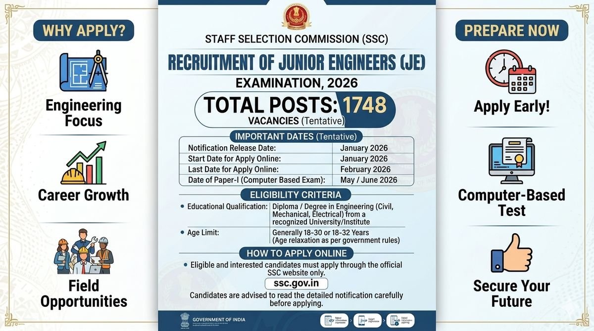 SSC Junior Engineer Recruitment 2026 — 1748 Posts Apply Online ssc.gov.in